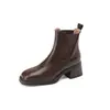 Botas Curtas Femininas Estilo Coreano de Couro Genuíno com Salto Bloco Quadrado e Corte Baixo, Novidade Outono/Inverno 2026, Chelsea Casuais de Calçar com Salto Médio