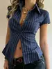 Camisa Xadrez Amarela de Manga Curta Estilo Retrô Americano Transfronteiriça da Amazon para Mulheres Slim Fit Top Acinturado com Lapela