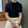 Camiseta de Punto de Manga Corta para Hombre, Seda de Hielo, Verano, Bordado Ecuestre, Textura Trenzada, Estilo Old Money, Venta al por Mayor de Fábrica Transfronteriza