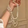 Colar de Pérolas Multicamadas Estilo Coreano Corrente para Suéter Longa Acessórios de Colar para Vestido de Noiva Cheongsam Estilo Hepburn para Mulheres