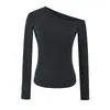 Estilo Deseo Puro Diseño de Chica Atrevida Camiseta de Manga Larga Off-Shoulder Otoño Nueva Moda Ajuste Delgado Top de Color Sólido