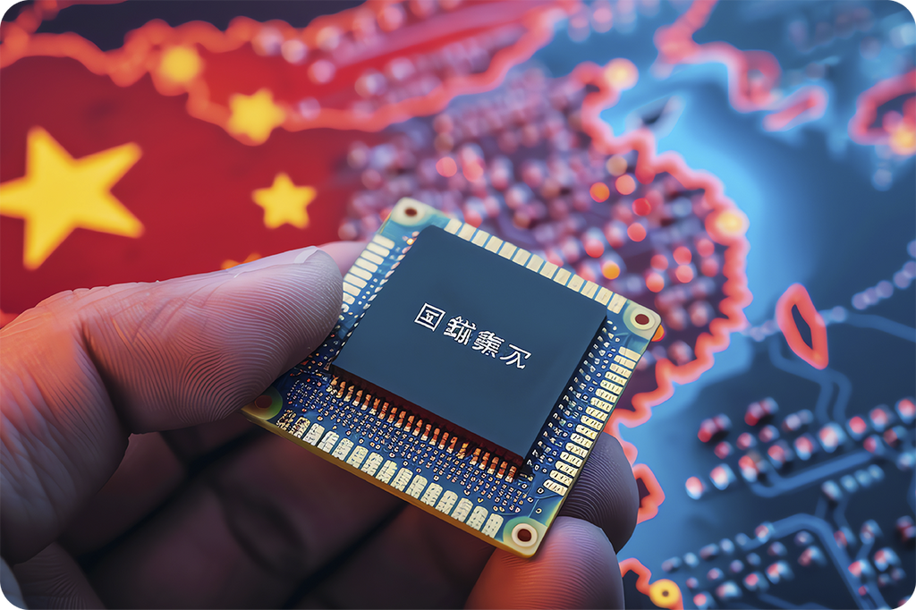 Microchip eletrônico em primeiro plano sobre mapa da China, representando a importação de eletrônicos da China, certificações obrigatórias, gestão de riscos e análise da cadeia de fornecimento para o mercado brasileiro.