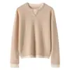 Suéter de cashmere 100% puro com efeito de duas peças, novo outono e inverno feminino, gola redonda, blocos de cor, solto, curto, base de tricô