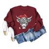 Suéter Casual de Manga Larga con Cuello Alto de Comercio Exterior de Amazon con Lazo Rojo, Estampado Divertido de Vaca, Holgado para Mujer