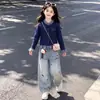 Conjunto de Duas Peças para Meninas Outono e Primavera Cardigan Retrô Xadrez Color-Block Estilo College Jeans Fofo Estilo Coreano Tendência