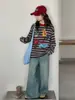 Camiseta de Manga Larga para Niñas de Primavera y Otoño Ropa Infantil Top Rayado de Dibujos Animados Camiseta de Cuello Redondo Conjunto Versátil para Jeans