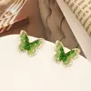 Brincos de borboleta de cristal verde com laço de mola, pino de prata 925, brincos degradê de gelo quebrado, brincos pop de nicho
