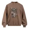 Moletom com Capuz Estampa de Retrato Criativo Gola Redonda Masculino Primavera e Outono Solto Tendência Lavado Vintage Flor Frita Pulôver Roupa Esportiva