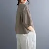 Top de lino a cuadros finos de estilo artístico de verano nuevo 2026 para mujer, elegante y holgado, cubre el cuerpo, camisa de punto