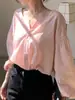 Camisa Retro Francesa de Rayas Rosas con Cuello en V y Mangas de Farol para Mujer Otoño 2025 Nuevo Estilo Suave Elegante Top de Manga Larga