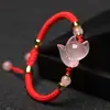Pulsera Zorro de Cristal Rosa Cuerda Roja Tejida a Mano Cuerda de Mano Negra Pulsera de Piedra Hibisco Joyería para Novia