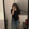 Camiseta Curta Feminina, Verão Manga Curta, Novo Estilo 2025, Design com Cordão, Nicho, Top Estudantil Irregular de Cintura Alta