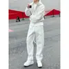 Moletom com capuz básico e pesado estilo americano com zíperes duplos, modelagem solta, design simples, combinado com calça comprida casual - um conjunto de duas peças