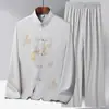 Traje Tang para Homens de Meia-Idade e Idosos, Conjunto de Camisa e Terno para Vovô, Roupa Tai Chi de Manga Longa para Primavera e Verão para Idosos 098