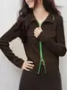 26 Outono Novo Estilo Francês de Trabalho Elegante Gola Alta Bloco de Cores Manga Longa Bolso Zíper Duplo Cardigan de Tricô Top 22960