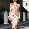 Transfronterizo Nuevo Estampado Digital Casual Personalidad Moda Temperamento Vestido de Manga Larga Hombros Descubiertos Falda Primavera y Otoño Mujer