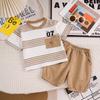 Traje para Niño Verano 2025 Nuevo Conjunto de Dos Piezas de Rayas de Cuello Redondo y Manga Corta para Niños Pequeños y Medianos Ropa de Verano para Bebé Estilo Coreano