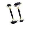 Fabricante Atacadista de Massageador Facial Roller de Jade Estilo Flor com Ranhura Dupla de Pedra Negra Conjunto de Duas Peças