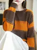 Suéter de Mujer Otoño Invierno Nuevo Cuello Redondo Bloques de Color Rayas Punto Versátil Rayas Lentejuelas Casual Holgado Jersey Manga Larga