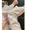 Calça Casual de Linho com Renda e Babados Relaxados de Verão para Mulheres com Corpo em Pera, Versátil Elástica de Cintura Alta Wide-Leg Cropped