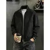 Chaqueta de Cuello Alto con Tie-Dye Gris en Piel PU para Hombre Otoño Retro Americano Ropa de Trabajo Corta Cortavientos Impermeable Ropa para Motocicleta