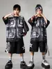 Ropa de Moda Hip-Hop para Niños Traje Negro de Manga Corta con Chaleco Falso para Niños Ropa Genial de Percusión para Actuación de Niñas