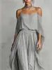 Conjunto de Pantalones de Pierna Ancha sin Tirantes, Hombros Descubiertos, Chifón Gris, Estilo Nuevo Transfronterizo Europeo y Americano para Mujer, Moderno Diseño Irregular