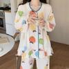 Pijama para Mujer Primavera y Otoño Algodón Tejido Burbuja Tela Arrugada Manga Larga Estilo Princesa de Dibujos Animados Se Puede Usar Fuera Ropa de Casa Conjunto de Dos Piezas