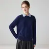 Tejido 100% cachemira pura para mujer, cuello polo, suéter de cachemira con bloques de color, manga larga, capa base suave, suéter cálido