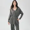 Chaleco de Cachemir 100% para Mujer Cardigan de Atar Abrigo Pantalones de Pierna Ancha Conjunto de Tres Piezas Tejido Holgado Conjunto Estilo Otoño/Invierno