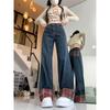 Calça Jeans Feminina com Patchwork de Xadrez Azul Escuro para Outono Cintura Alta para Mulheres Plus Size com Corpo em Pera Calça de Perna Larga com Efeito Emagrecedor
