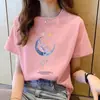 Nova camiseta de algodão puro com modelagem solta e mangas curtas para mulheres, para usar no verão, nova blusa estilosa com estampa, gola redonda, adequada para primavera e outono
