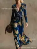 Vestido Transfronteiriço Novo Estilo com Decote em V e Mangas Longas com Elementos de Impressão Digital 3D, Saia Fashion e Personalizada para Marcar a Cintura para Mulheres