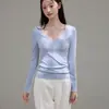 Camiseta de Manga Larga con Cuello en V Profundo de Algodón Peinado Puro 40s para Mujer Otoño 2026 Nueva Ajustada Versátil Hombro Normal Top Capa Base