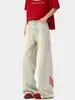 Calça Jeans Retro com Listras Diagonais Vermelhas, Vibe High Street Americana, Calça Reta Solta Comprida, Calça Workwear com Patchwork Lateral