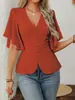 2026 Estilo Moda Europeia e Americana Transfronteiriça Amazon Decote em V Profundo Cor Sólida Botão Único Cintura Marcada Blusa Feminina de Manga Curta