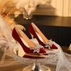 Hermosos Zapatos de Mujer Color Rojo Cómodos 2025 Primavera/Verano Nueva Moda Zapatos de Novia con Tacones Finos y Tacones Altos para Mujer, Doble Uso