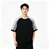 Camiseta de Algodón Puro Estilo Americano con Tres Rayas para Hombre y Mujer, Nueva de Verano, Peso Pesado, Corte Limpio, Juvenil, Holgada, Cuello Redondo, Manga Corta