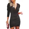 Vestido justo de manga longa com decote V liso para boate, modelador de cintura, transfronteiriço Europa e Estados Unidos, 2021, vestido de fibra de poliéster