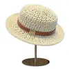 Chapéu de Palha Vazado com Topo Plano para Mulheres, Chapéu de Sol de Verão com Proteção Solar, Chapéu de Palha de Aba Larga Estilo Férias na Praia Que Faz o Rosto Parecer Menor