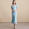 Foto Real de Vestido Longo Elegante Estilo Francês Pronto, de Renda, Manga Curta, Gola Quadrada, Cauda de Peixe, Slim, com Cinto