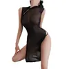 Lencería Sexy de Noche Larga Malla Transparente Cheongsam Caliente Abertura Uniforme Tentación Pijama Gratis 1811