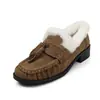 Zapatos de Piel con Flecos Estilo Británico 2026 Invierno Tacón Medio Grueso Parte Superior de Ante de Vaca Calentitos Engrosados Mocasines Zapatos de Pana con Forro de Terciopelo para Mujer