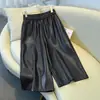 Pantalones de cuero PU negro, nuevo modelo otoño e invierno 2026, pantalones cropped, pantalones casuales rectos de cintura alta holgados 19633