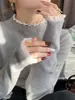 Top de punto con ribete de encaje estilo coreano para mujer, Ropa interior de otoño/invierno, Suave, Sencillo, Sensación de alta gama, Suéter de cuello semi alto