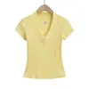 Camiseta de Verano Retro Americana con Cuello en V Profundo y Mangas Cortas para Mujer, Color Sólido Nicho, Sexy, Sexy, Elástica, Ajustada, Hombro Derecho Superior para Mujer