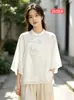 Estilo étnico tecido tie-dyeable embrião branco tricotado algodão e linho blusa cardigan feminino atacado