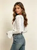 Cárdigan de punto hueco para mujer, de manga corta y cintura expuesta, para primavera y otoño, nuevo suéter fino de punto con cuello en V y manga acampanada, de un solo botón
