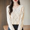 Agotado. Suéter de Punto con Cuello en V y Mangas Largas para Mujer, Diseño Hueco, Suéter Base Holgado