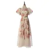 Vestido Largo de Manga Corta con Solapa Floral Estilo Francés Marca Z, Exclusivo para Ventas Transfronterizas, con Cinturón, Efecto Adelgazante, Vestido Largo Estampado para Mujer